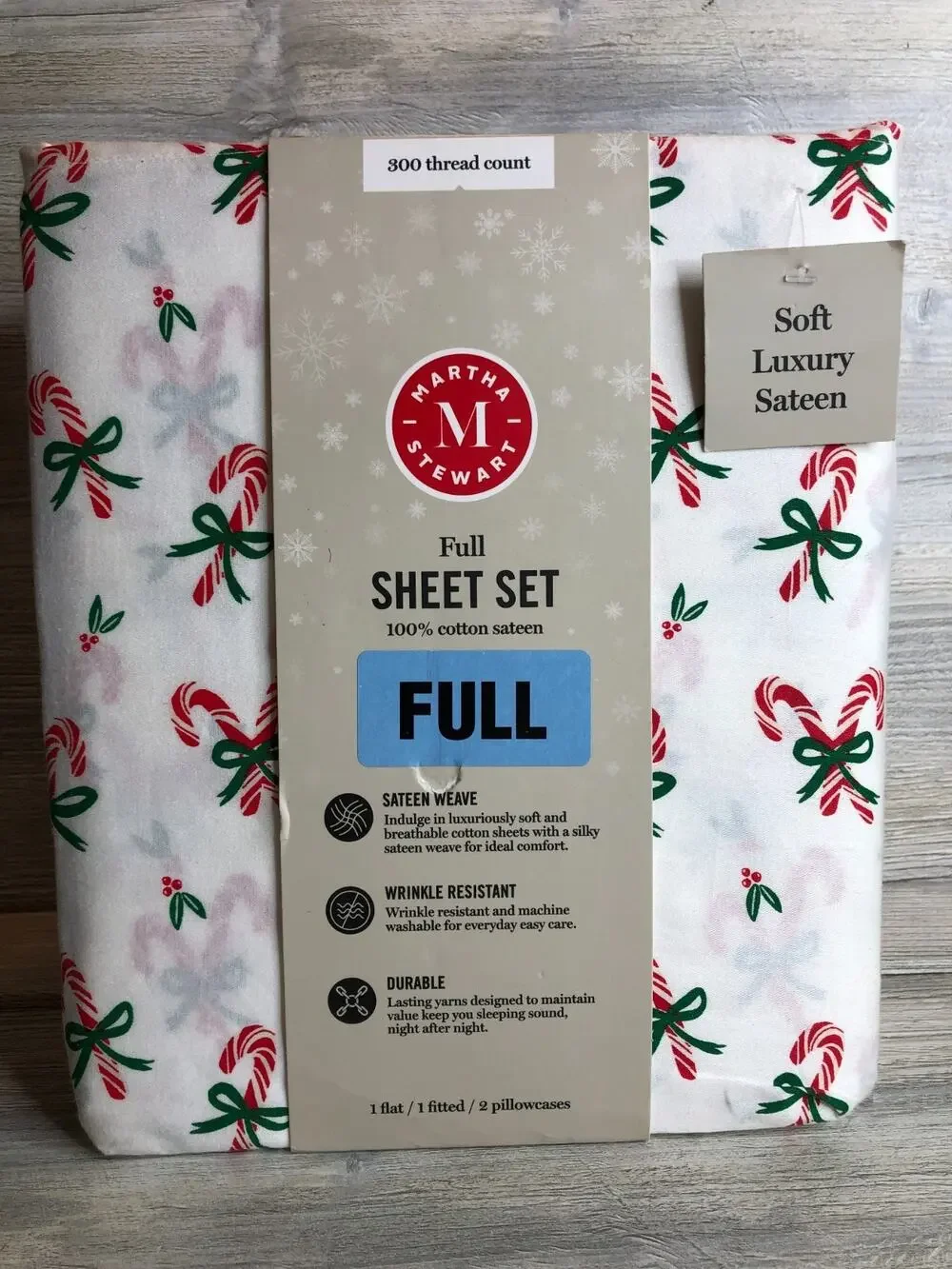 Martha Stewart Candy Cane Christmas Holiday 100% Cotton Sateen Full Sheet Set
